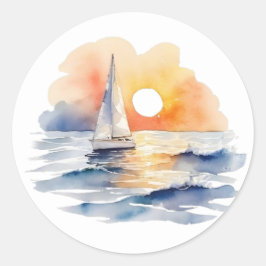 Wasserfarbenes Sailboat Sunset Seascape Gastgesche Runder Aufkleber