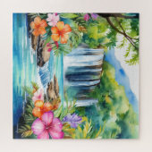 Wasserfarbenes schönes tropisches Wasserfallpuzzle Puzzle (Horizontal)
