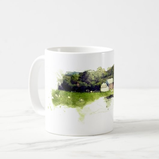 Wasserfarbenes schottisches Bauernhaus mit Schafen Kaffeetasse (Vorderseite Links)