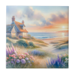 Wasserfarbenes Strandhaus-Sonnenuntergang-Dünen Fliese