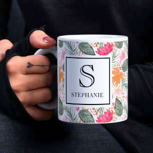Wasserfarbenes tropisches Blumenmuster Monogramm & Kaffeetasse