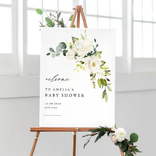 Wasserfarbenes Weißes Hydrangea und Rose Babydusch Poster