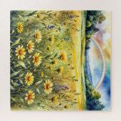 Wasserfarbenes Wildblumenfeld mit Regenbogen Puzzle (Horizontal)
