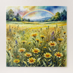 Wasserfarbenes Wildblumenfeld mit Regenbogen Puzzle