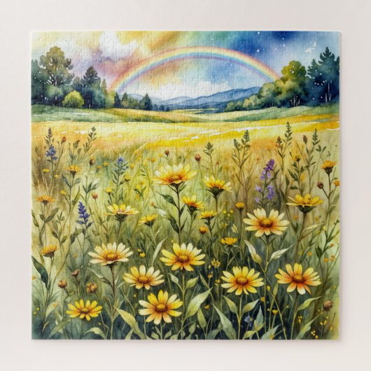 Wasserfarbenes Wildblumenfeld mit Regenbogen Puzzle (Vertikal)