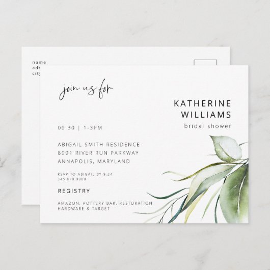 Wasserfarbenes Wispy Botanisches Modernes Brautpar Postkarte (Vorne/Hinten)