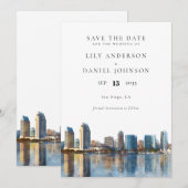 Wasserfarbenes Ziel-Hochzeit San Diego Skyline Save The Date (Vorne/Hinten)