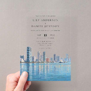 Wasserfarbenes Zielhochzeit in Miami Skyline Acryleinladungen