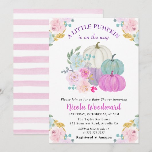 Wasserfarbenfall Pastel Colour Pumpkins Kinderdusc Einladung (Vorne/Hinten)