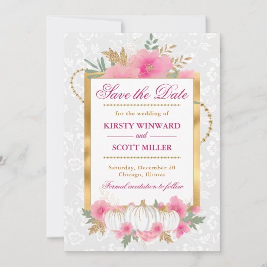 Wasserfarbenfall Pink & Gold Kürbiskürbis Hochzeit Save The Date (Vorderseite)