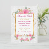 Wasserfarbenfall Pink & Gold Kürbiskürbis Hochzeit Save The Date (Stehend Vorderseite)