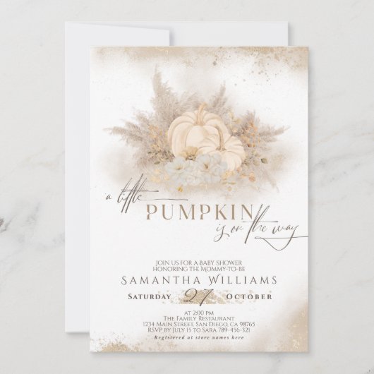 Wasserfarbenfall Pumpkin Boho Pampas Babydusche Einladung (Vorderseite)