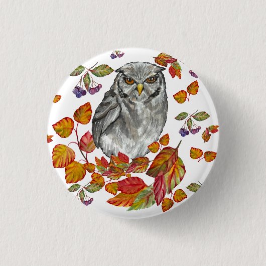 Wasserfarbenfall schöne Eule und Blätter Button (Vorderseite)