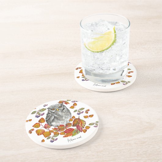 Wasserfarbenfall schöne Eule und Blätter Getränkeuntersetzer (Seite)