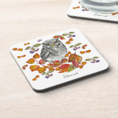 Wasserfarbenfall schöne Eule und Blätter Getränkeuntersetzer (Linke Seite)