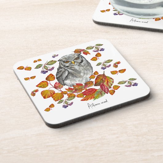 Wasserfarbenfall schöne Eule und Blätter Getränkeuntersetzer (Linke Seite)