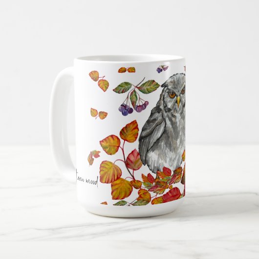 Wasserfarbenfall schöne Eule und Blätter Kaffeetasse (Vorderseite Links)