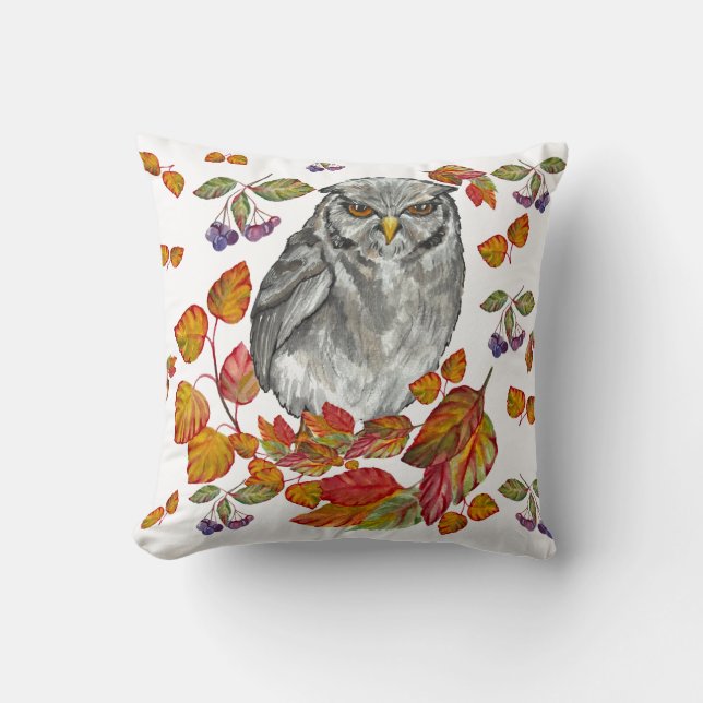 Wasserfarbenfall schöne Eule und Blätter Kissen (Vorderseite)