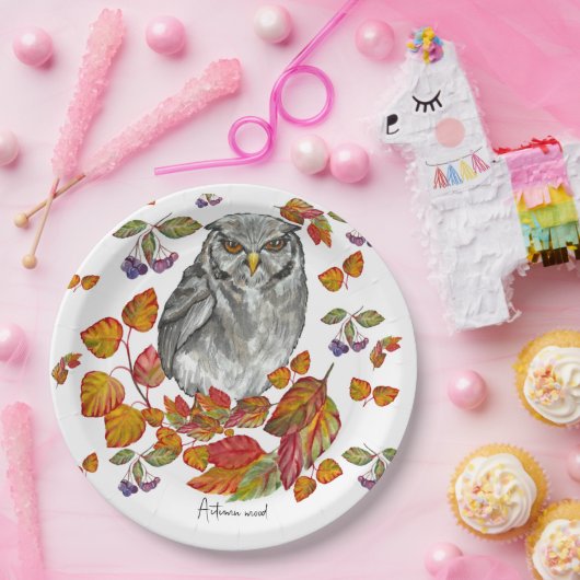 Wasserfarbenfall schöne Eule und Blätter Pappteller (Party)