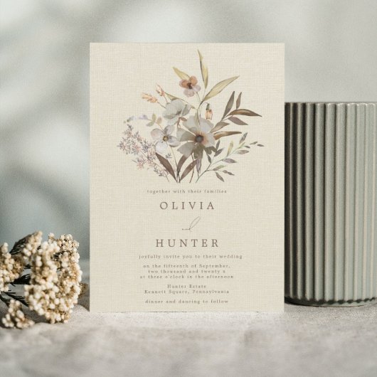 Wasserfarbenfall Wildblumen Imitate Linen Hochzeit Einladung