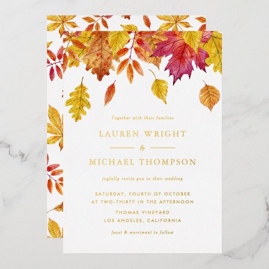 Wasserfarbenfallende Blätter Herbsthochzeit Folieneinladung (Vorderseite/Rückseite)