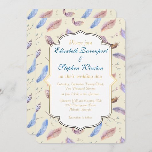 Wasserfarbenfedermuster und Extravagante RahmenWed Einladung (Vorne/Hinten)