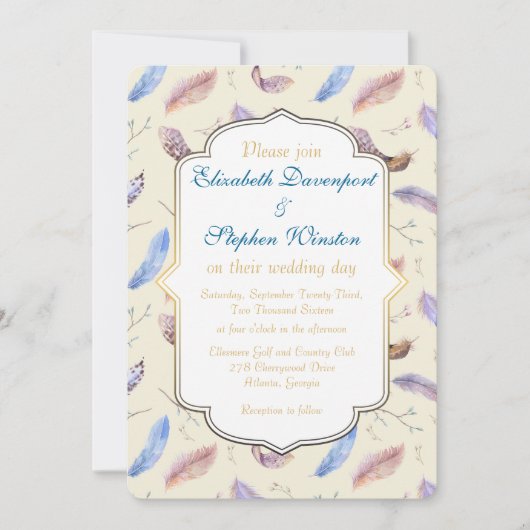Wasserfarbenfedermuster und Extravagante RahmenWed Einladung (Vorderseite)