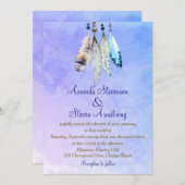 Wasserfarbenfedern auf Lila Hochzeit in Bluish Einladung (Vorne/Hinten)
