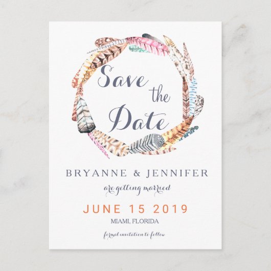 Wasserfarbenfedern Rustikale Bohemisch Save the Da Ankündigungspostkarte (Vorderseite)