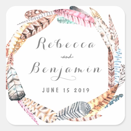 Wasserfarbenfedern Rustikale Bohemische Hochzeit Quadratischer Aufkleber (Vorderseite)