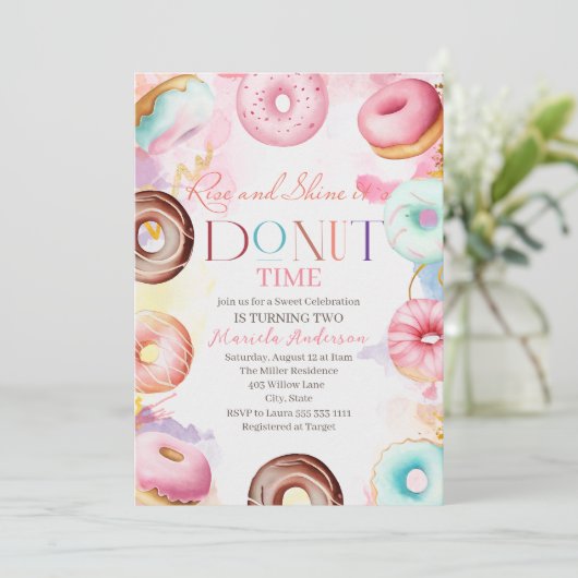 Wasserfarbenfeier Donat-Zeit, die zwei Einladung (Stehend Vorderseite)