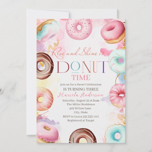 Wasserfarbenfeier Donat-Zeit wird drei Einladung (Vorderseite)