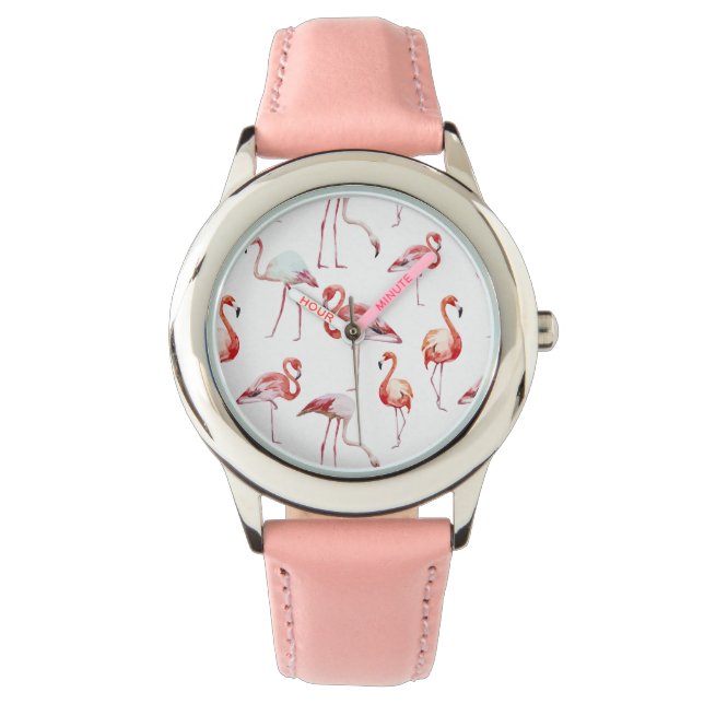 Wasserfarbenflamingo, weißes Muster, tropischer Vo Armbanduhr (Vorderseite)