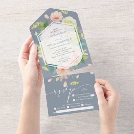 Wasserfarbenfloral auf Dusty Blue Wedding All In One Einladung (Abreißen)