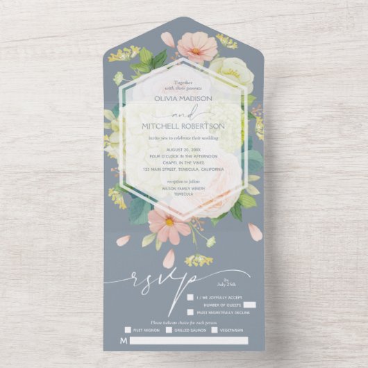 Wasserfarbenfloral auf Dusty Blue Wedding All In One Einladung (Innen Boden)