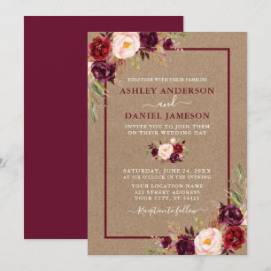 Wasserfarbenfloral Burgundy Kraft Wedding Einladung