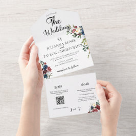 Wasserfarbenfloral der Marine und Burgund All In One Einladung