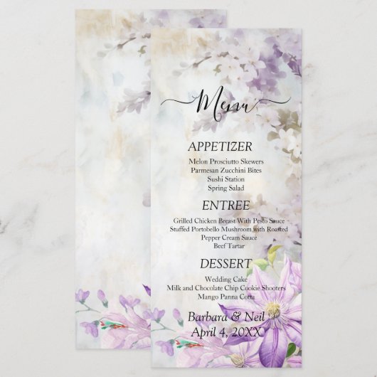 Wasserfarbenflorale Lavendel Wedding Menü Menükarte (Vorne/Hinten)