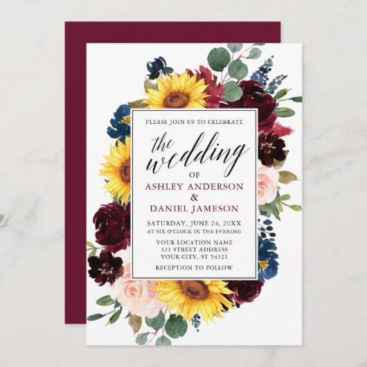 Wasserfarbenflorenkalligrafie Burgundy Wedding Einladung (Vorne/Hinten)
