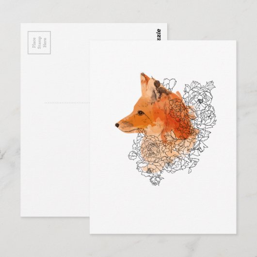 Wasserfarbenfox in Blume Postkarte (Vorne/Hinten)