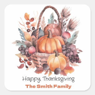 Wasserfarbenfroh Thanksgiving Familienname Quadratischer Aufkleber