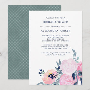 Wasserfarbenfroh und Navy-Floral-Brautparty Einladung