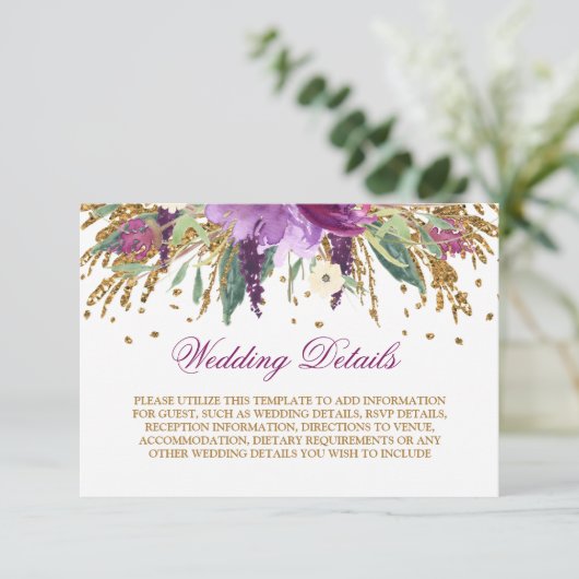 Wasserfarbenfrohe Amethyst-Hochzeitdetails Begleitkarte (Stehend Vorderseite)