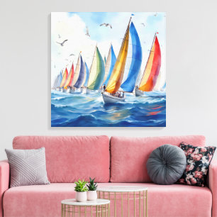 Wasserfarbenfrohe Artwork Sailboat Regatta Leinwanddruck