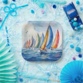 Wasserfarbenfrohe Artwork Sailboat Regatta Pappteller (Party)