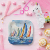 Wasserfarbenfrohe Artwork Sailboat Regatta Pappteller (Party)