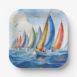 Wasserfarbenfrohe Artwork Sailboat Regatta Pappteller