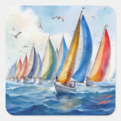 Wasserfarbenfrohe Artwork Sailboat Regatta Quadratischer Aufkleber (Vorderseite)