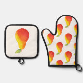 Wasserfarbenfrohe Birnen- und Birnenmuster Ofenhandschuh & Topflappen-Set (Vorderseite)