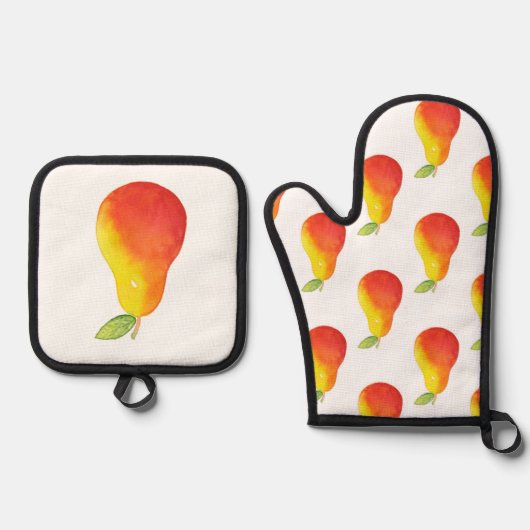 Wasserfarbenfrohe Birnen- und Birnenmuster Ofenhandschuh & Topflappen-Set (Vorderseite)